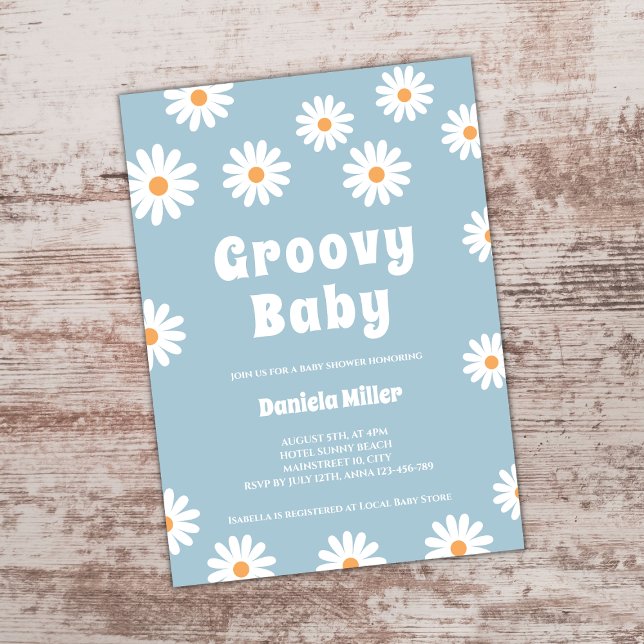 Convite Groovy Baby Boy Daisy 70s Chá de fraldas Retroativ (groovy baby retro 70s daisy boy baby shower invitation)
