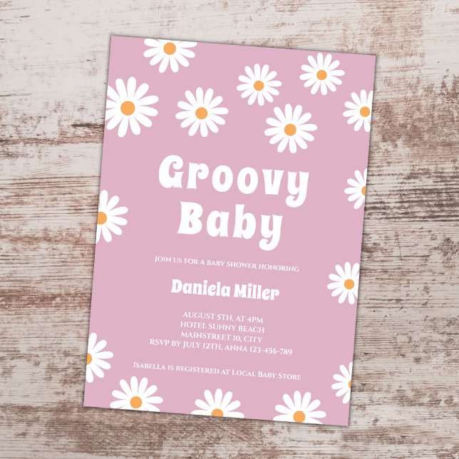 Convite Groovy Baby Girl Daisy 70s Chá de fraldas (groovy baby retro 70s daisy girl baby shower invitation)