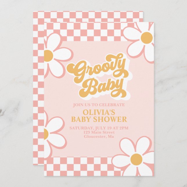 Convite Groovy Baby Retro Check Pink Daisy (Frente/Verso)