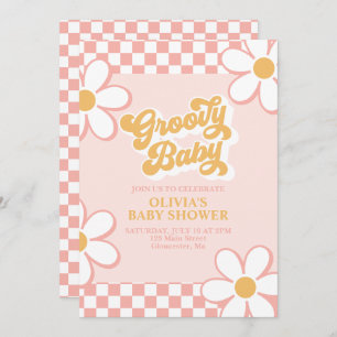 Convite Groovy Baby Retro Check Pink Daisy