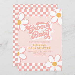 Convite Groovy Baby Retro Check Pink Daisy