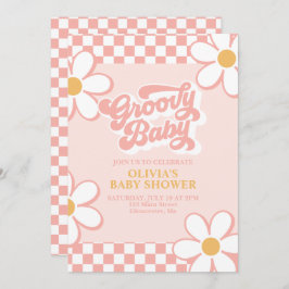 Convite Groovy Baby Retro Check Rosa Margarida