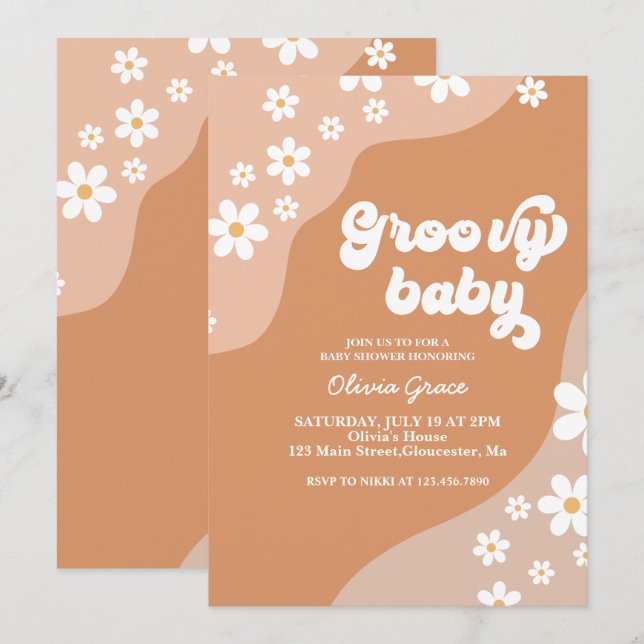 Convite Groovy Baby Retro Daisy chá de bebê marrom (Frente/Verso)