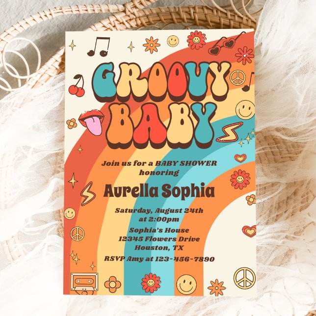 Convite Groovy Baby Retro Rainbow Party - Chá de fraldas (Criador carregado)