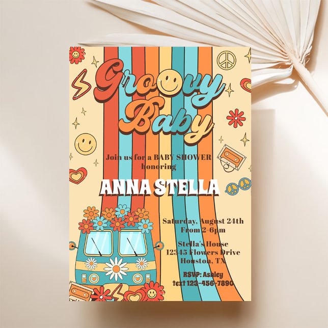 Convite Groovy Baby Retro Rainbow Party - Chá de fraldas (Criador carregado)
