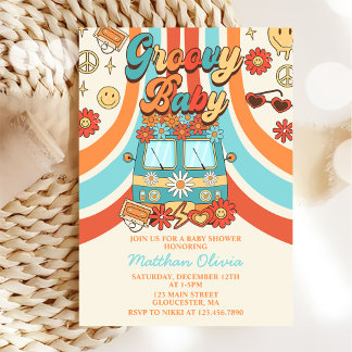 Convite Groovy Baby Retro Rainbow Party - Chá de fraldas