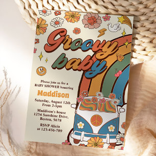 Convite Groovy Baby Retro Rainbow Party - Chá de fraldas