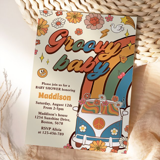Convite Groovy Baby Retro Rainbow Party - Chá de fraldas (Criador carregado)