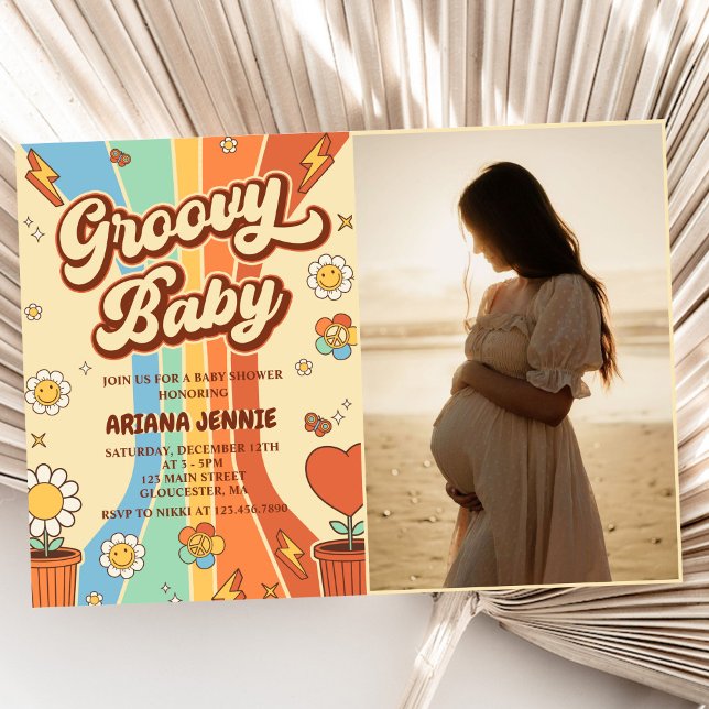 Convite Groovy Baby Retro Rainbow Party Foto do Chá de fra (Criador carregado)