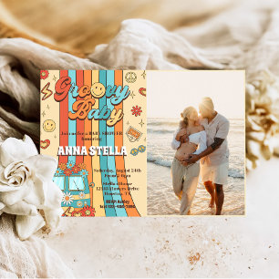 Convite Groovy Baby Retro Rainbow Party Foto do Chá de fra