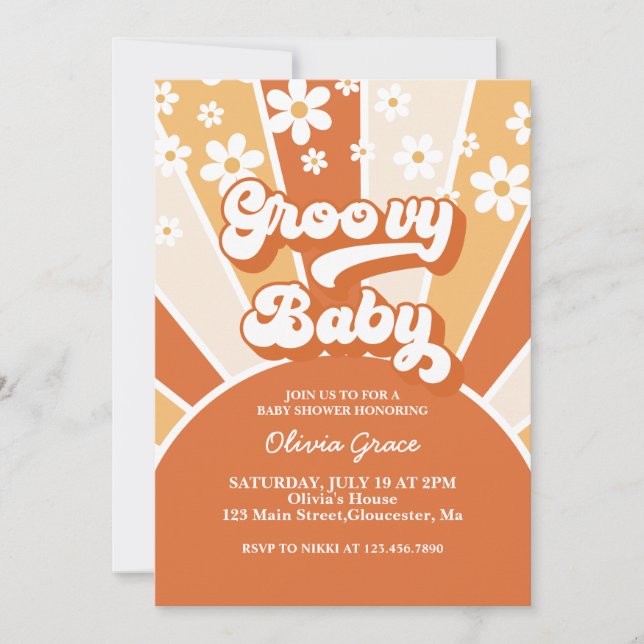 Convite Groovy Baby Retro Sol Sunshine Daisy Chá de Bebê (Frente)