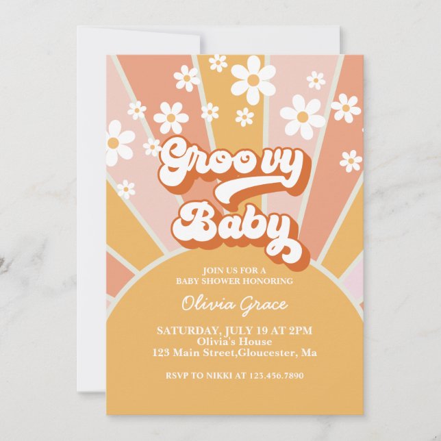 Convite Groovy Baby Retro Sol Sunshine Daisy Chá de Bebê (Frente)