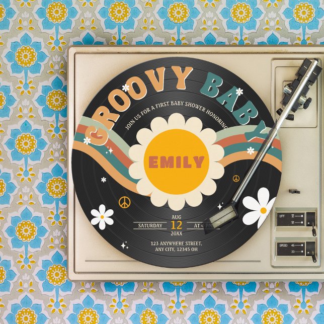 Convite Groovy Baby Retro Vinil Record Chá de fraldas (Groovy baby shower retro vinyl record invitation)
