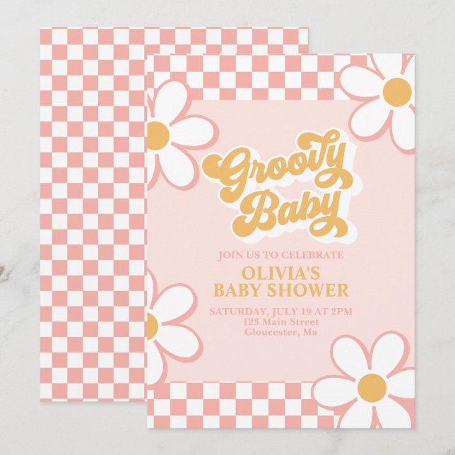 Convite Groovy Baby Retro Xadrez Rosa Margarida (Frente/Verso)