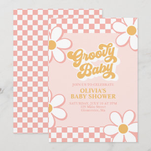Convite Groovy Baby Retro Xadrez Rosa Margarida