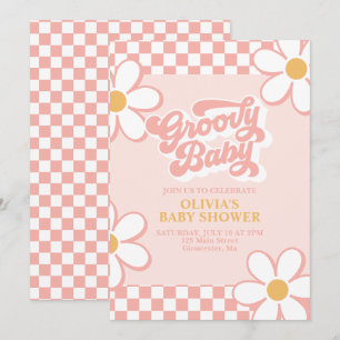 Convite Groovy Baby Retro Xadrez Rosa Margarida