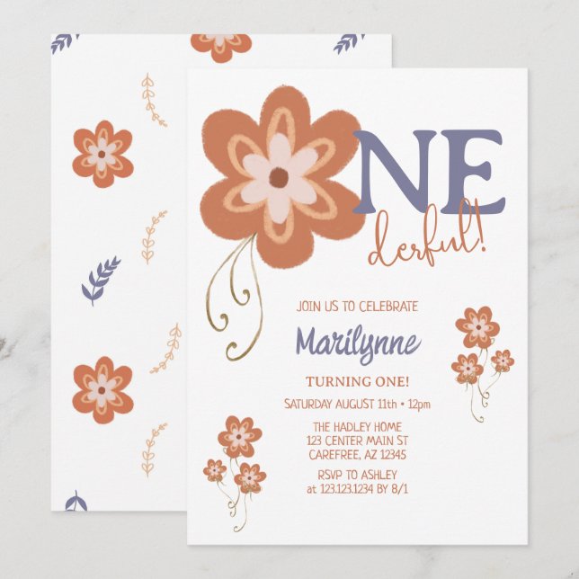 Convite Groovy Boho Margarida Primeiro Aniversário Incríve (Frente/Verso)