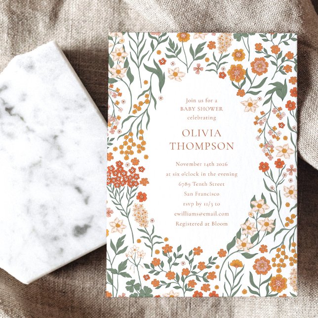 Convite Groovy Boho Orange Wildflower Chá de fraldas Whims (Criador carregado)