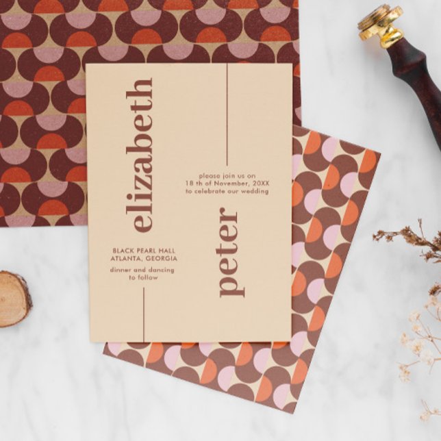 Convite Groovy Brown Retro 70s Casamento Geométrico (Criador carregado)