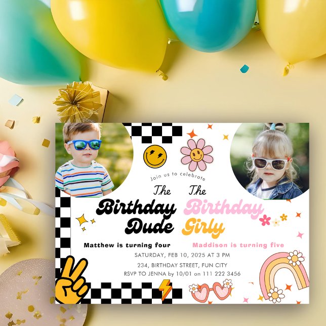 Convite Groovy Combinado de Aniversário Duplo (Joint Birthday Groovy Combined Sibling Double Invitation)