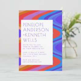 Convite Groovy Curvy Lines Unique Retro Blue Red Casamento