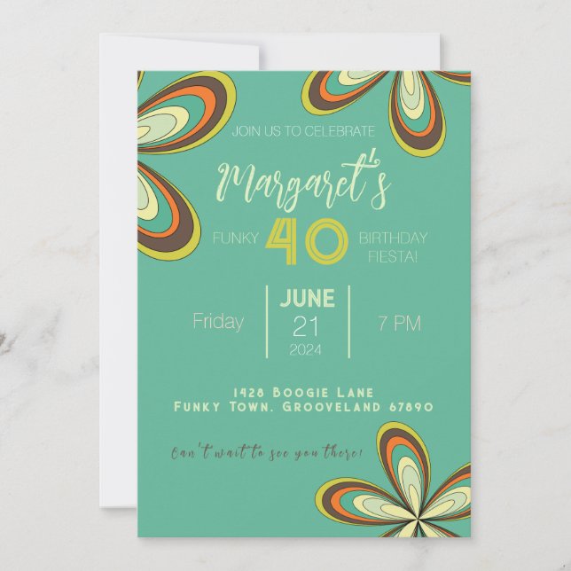 Convite Groovy Cyan 40 Festa de aniversário 70s Flor Hippi (Frente)