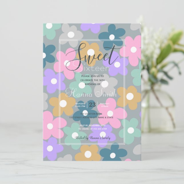 Convite Groovy Daisy Flowers Cinza Retro Boho Floral (Em pé/Frente)