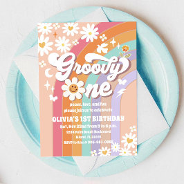 Convite Groovy Daisy Rainbow 1st Birthday Invitation