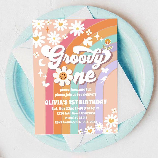 Convite Groovy Daisy Rainbow 1st Birthday Invitation (Criador carregado)