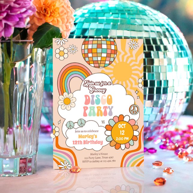 Convite Groovy Disco Party Retro 70s Rainbow Teen Birthday (Criador carregado)