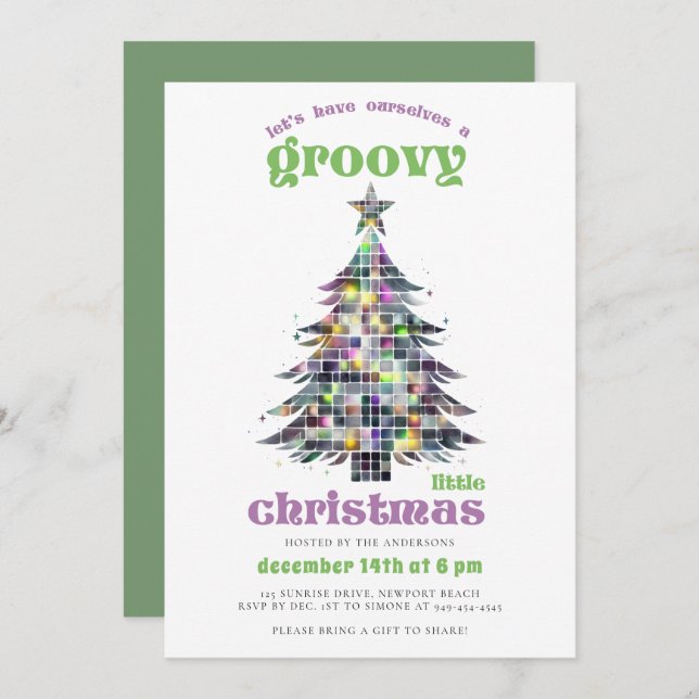 Convite Groovy Disco Tree Retro Green - Festa de Natal Ros (Frente/Verso)