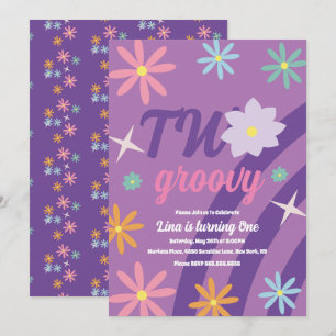 Convite Groovy Dois Floral Primeiro Aniversário Retro Roxo