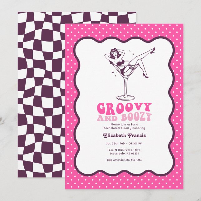 Convite Groovy e Boozy Despedida de Solteira Retro Pink Ma (Frente/Verso)