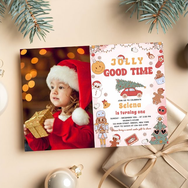 Convite Groovy Festa de aniversário de Natal Jolly bom mom (Criador carregado)
