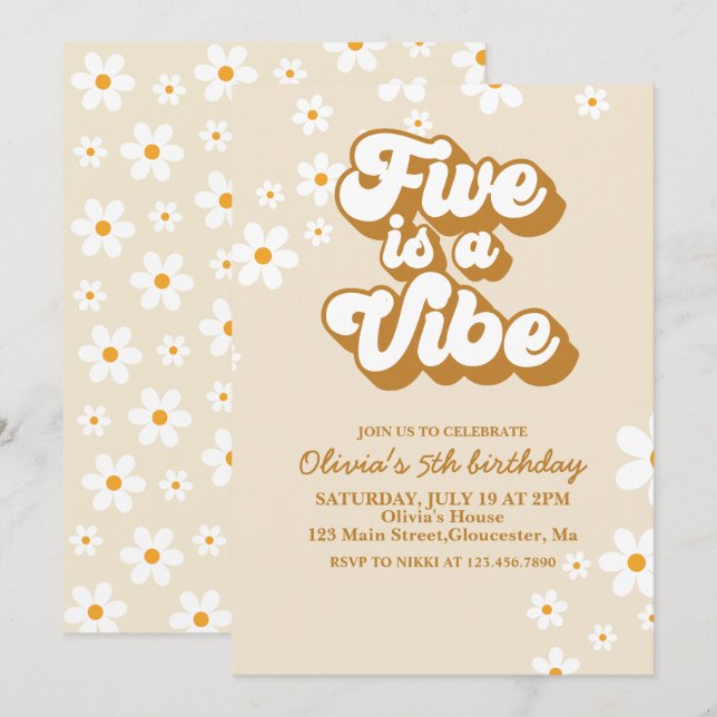 Convite Groovy Five é um clima Retro Daisy 5º Aniversário (Frente/Verso)