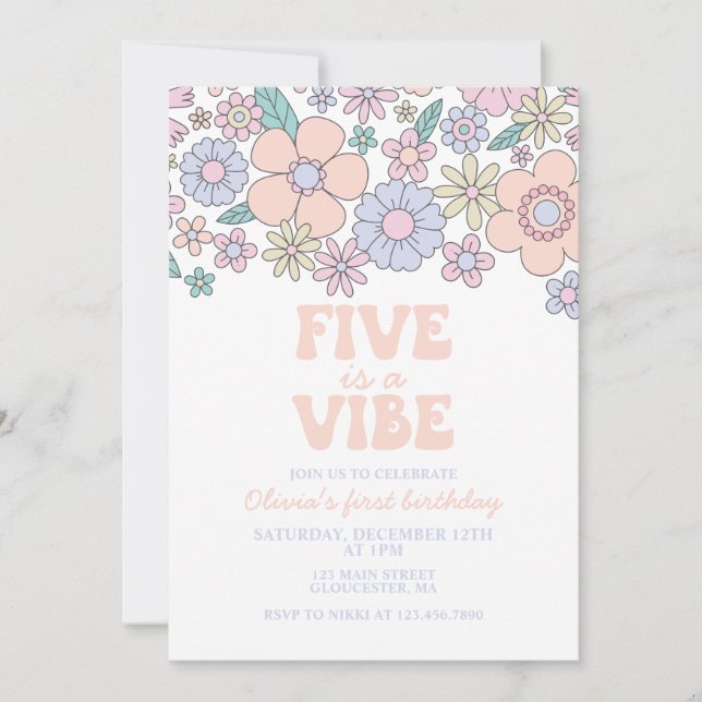Convite Groovy Five é um Vibe Retro Floral 5º aniversário (Frente)