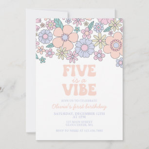 Convite Groovy Five é um Vibe Retro Floral 5º aniversário