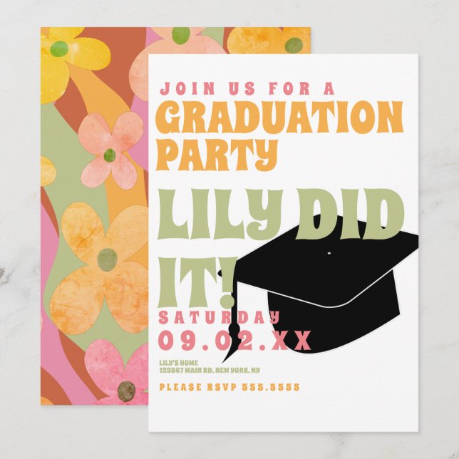Convite Groovy Floral 80s Graduação da Imagem Retroativa (Frente/Verso)