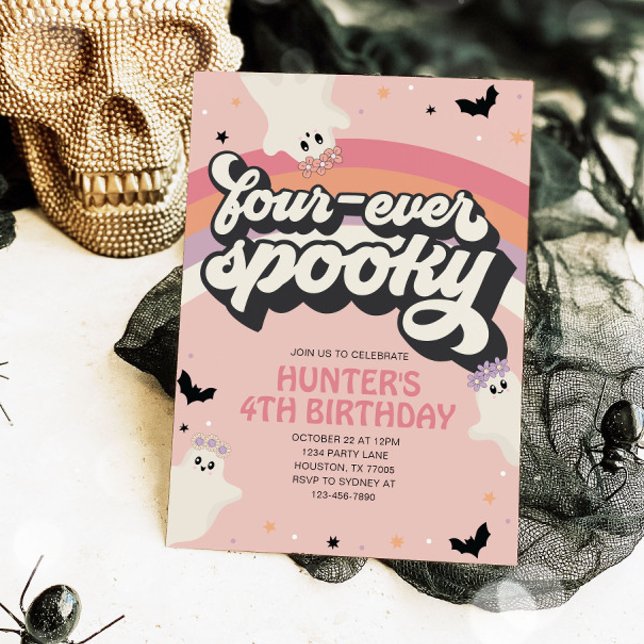 Convite Groovy Fouore Spooky Girl 4º aniversário Halloween (Criador carregado)