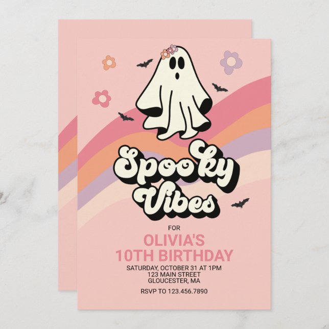 Convite groovy Ghost retro Halloween Aniversário (Frente/Verso)