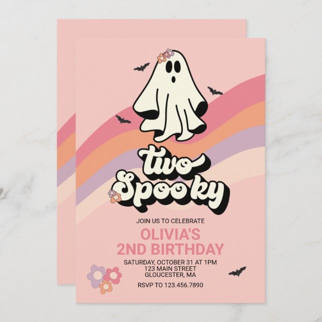 Convite Groovy Ghost retro Halloween Dois Aniversário Louc (Frente/Verso)