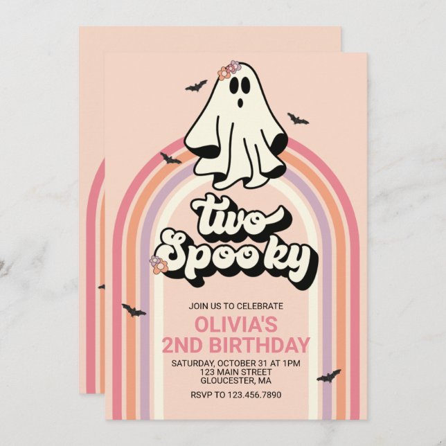 Convite Groovy Ghost retro Halloween Dois Feliz Aniversári (Frente/Verso)