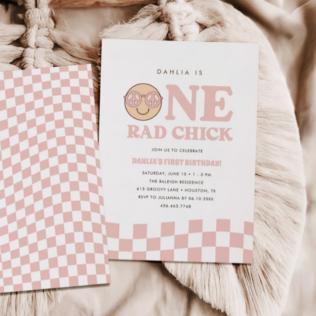 Convite Groovy Girl Checked Happy Face | Aniversário (Criador carregado)