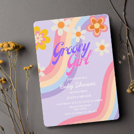 Convite Groovy Girl Retro Rainbow baby chá