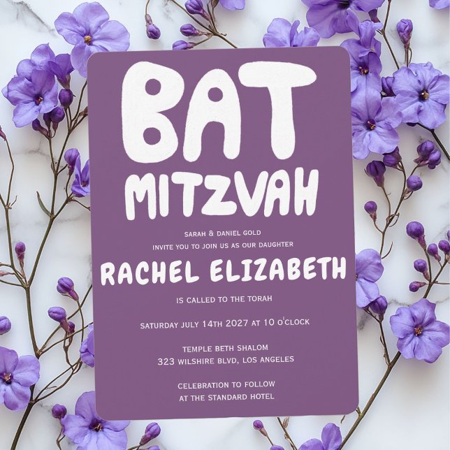 Convite Groovy Handlettering Personalizado Bat Mitzvah Rox (Groovy Handlettering Custom Bat Mitzvah Purple Invitation
)