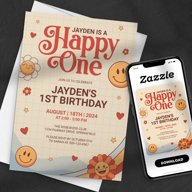 Convite Groovy Happy One Y2k Feliz Aniversário (Criador carregado)