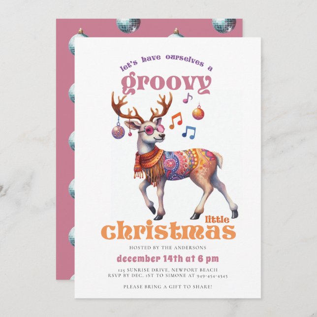 Convite Groovy Hippie Reindeer Funny Disco Festa de Natal (Frente/Verso)