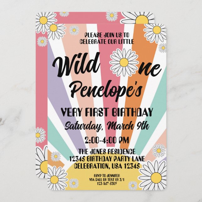 Convite Groovy Hippy Sun & Daisy primeiro aniversario (Frente/Verso)