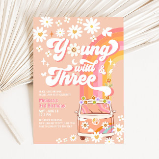 Convite Groovy Jovem Selvagem e Três Daisy Aniversário de