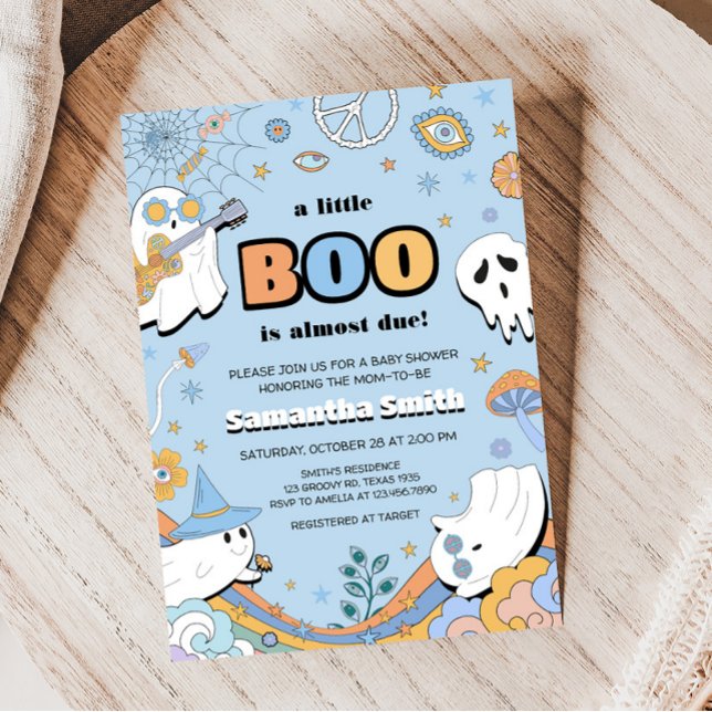 Convite Groovy Little Boo Halloween Chá de fraldas (Spooky Boy Ghost Baby Shower Invitation)